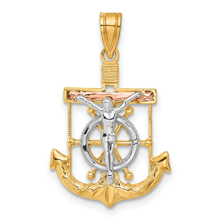 14k Tri-color Diamond-cut w/Textured Mariners Crucifix Pendant