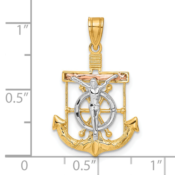 14k Tri-color Diamond-cut w/Textured Mariners Crucifix Pendant