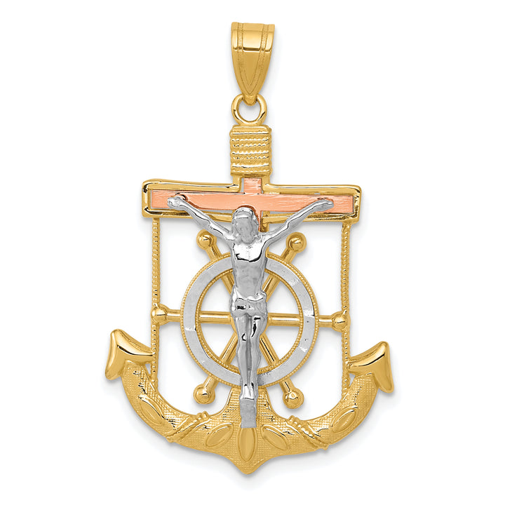14k Tri-color Diamond-cut w/Textured Mariners Crucifix Pendant