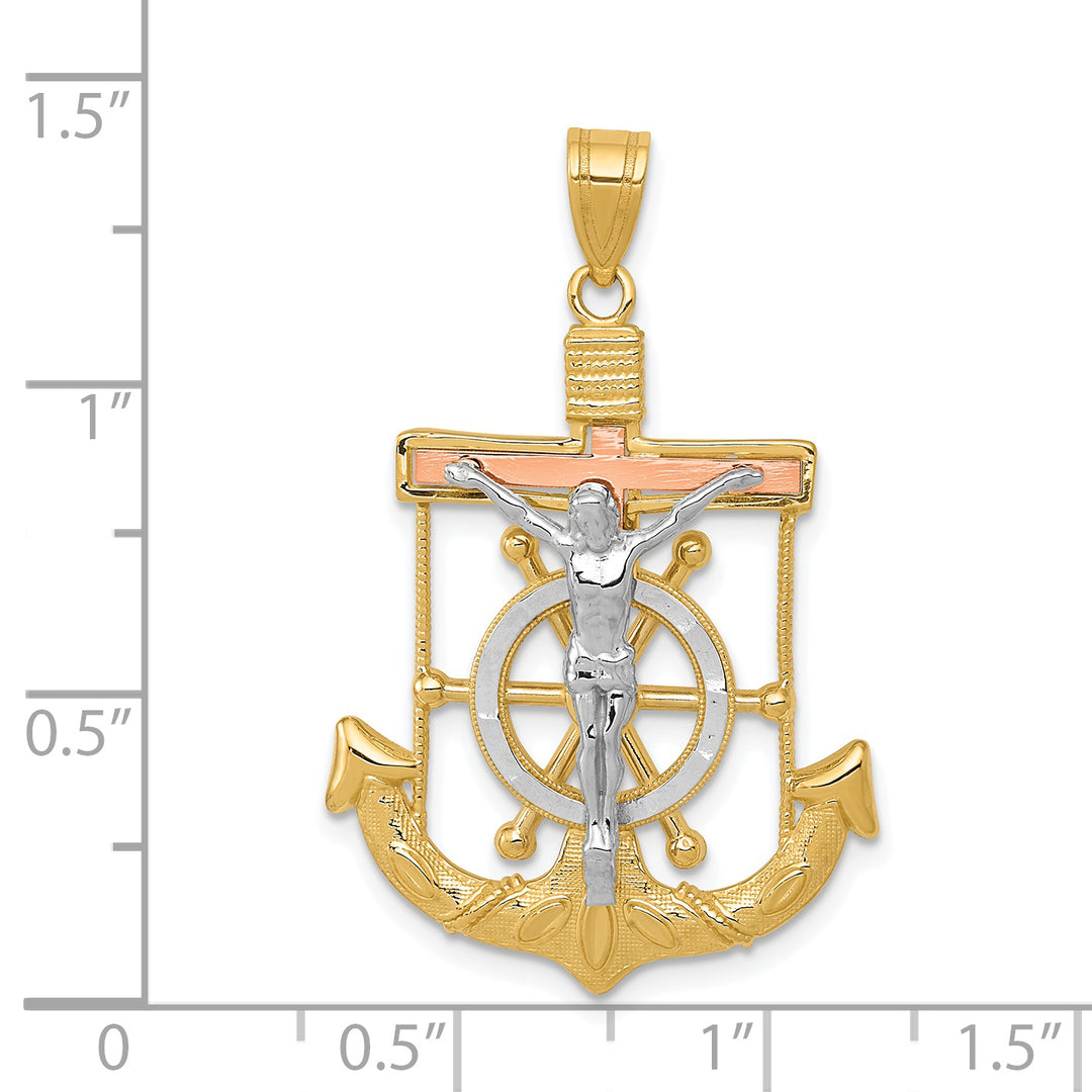 14k Tri-color Diamond-cut w/Textured Mariners Crucifix Pendant