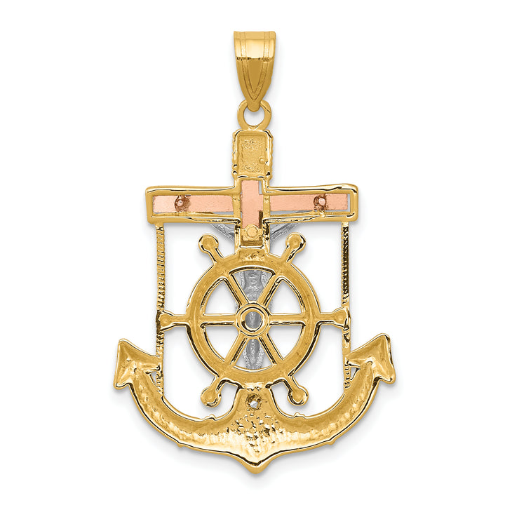 14k Tri-color Diamond-cut w/Textured Mariners Crucifix Pendant