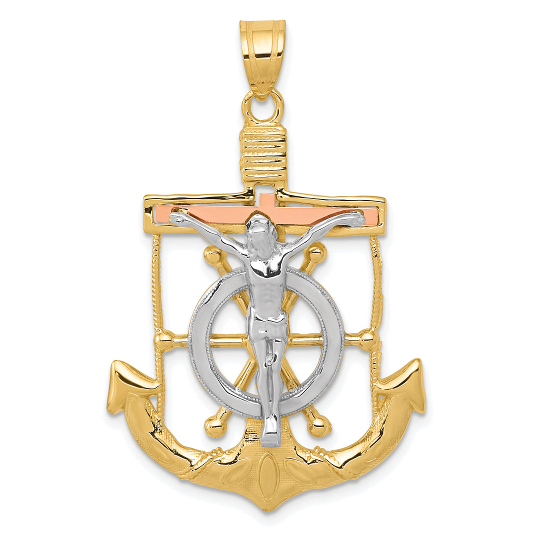 14k Tri-color Diamond-cut w/Textured Mariners Crucifix Pendant
