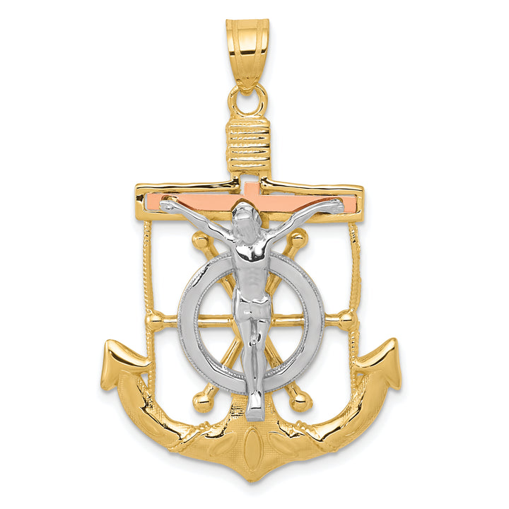 14k Tri-color Diamond-cut w/Textured Mariners Crucifix Pendant
