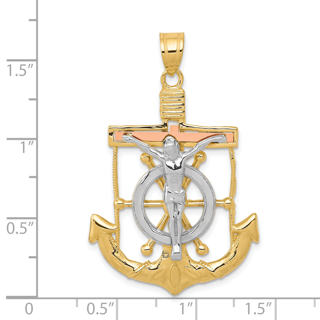 14k Tri-color Diamond-cut w/Textured Mariners Crucifix Pendant