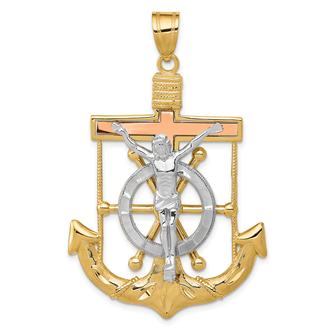 14k Tri-color Diamond-cut w/Textured Mariners Crucifix Pendant