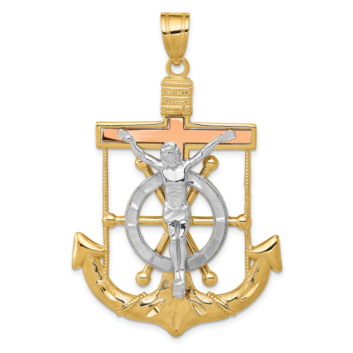 14k Tri-color Diamond-cut w/Textured Mariners Crucifix Pendant