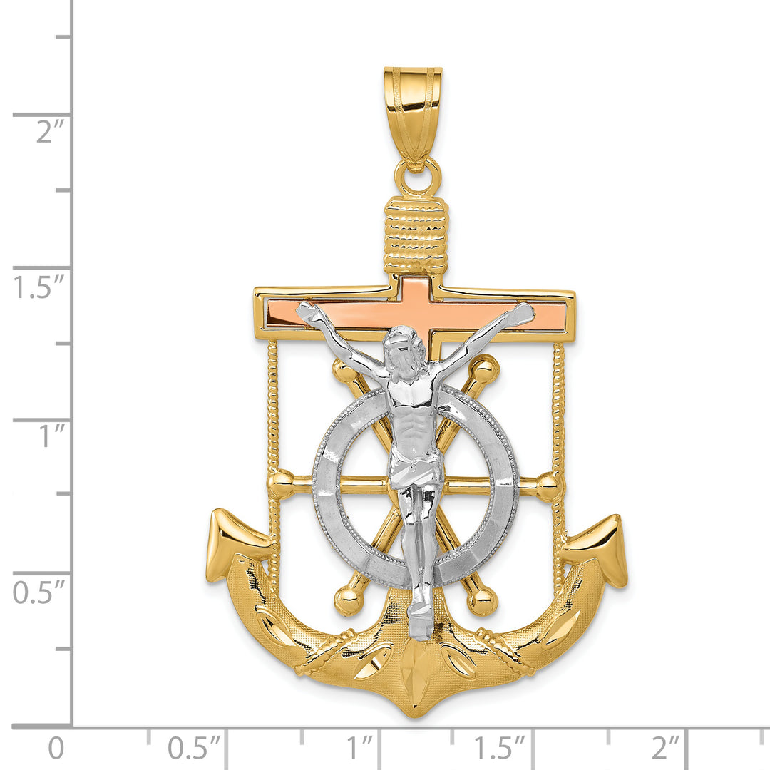 14k Tri-color Diamond-cut w/Textured Mariners Crucifix Pendant