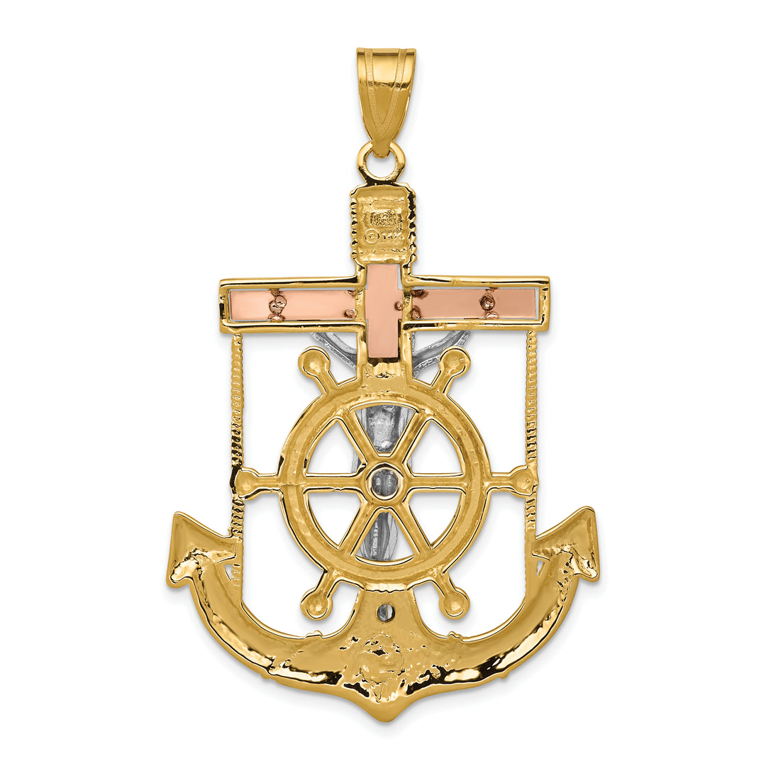 14k Tri-color Diamond-cut w/Textured Mariners Crucifix Pendant