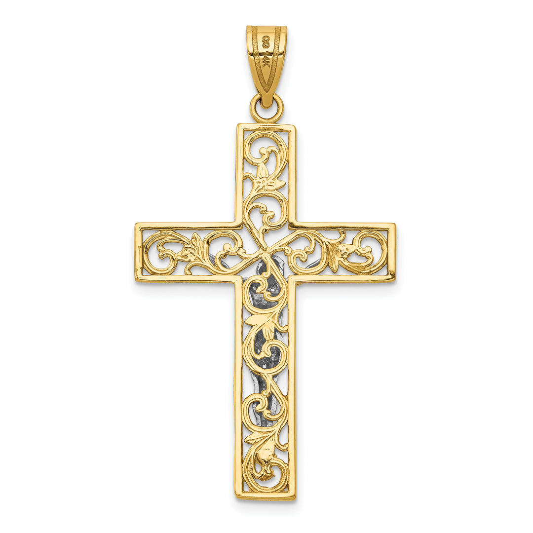 14K Two-Tone D/C Large Block Filigree Crucifix Pendant