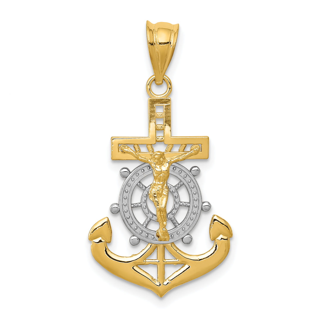 14k w/Rhodium Diamond-cut Mariners Crucifix Pendant