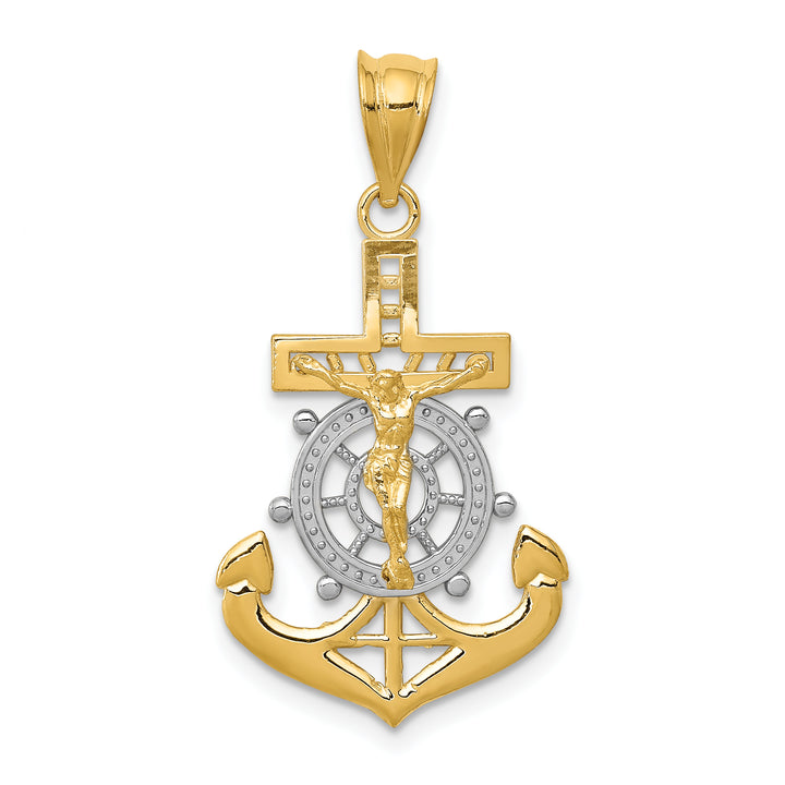 14k w/Rhodium Diamond-cut Mariners Crucifix Pendant
