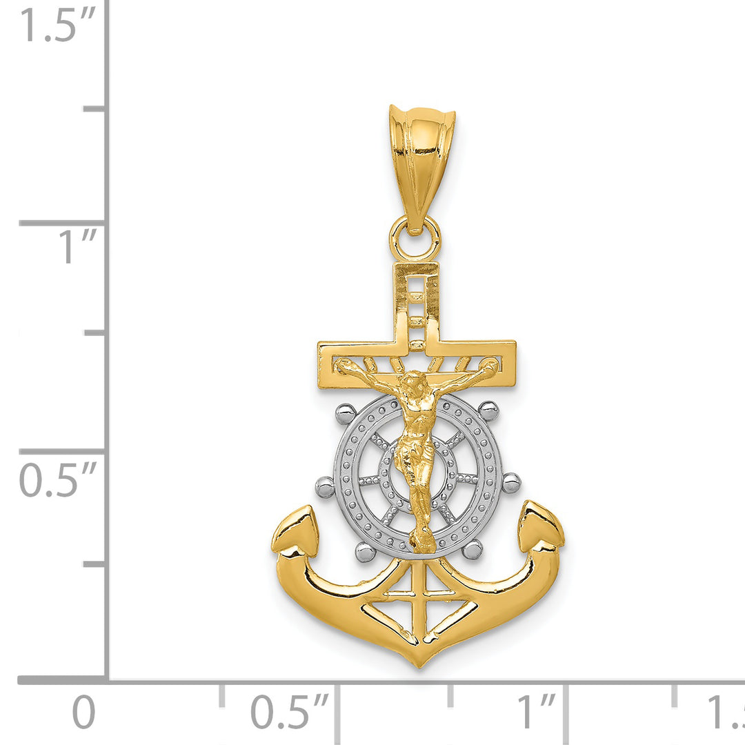 14k w/Rhodium Diamond-cut Mariners Crucifix Pendant