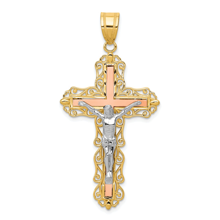 14K Tri-color Diamond-cut Crucifix Pendant