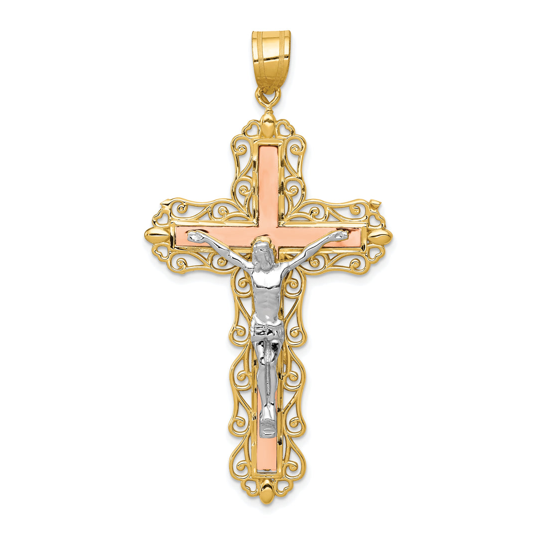 14K Tri-color Diamond-cut Crucifix Pendant