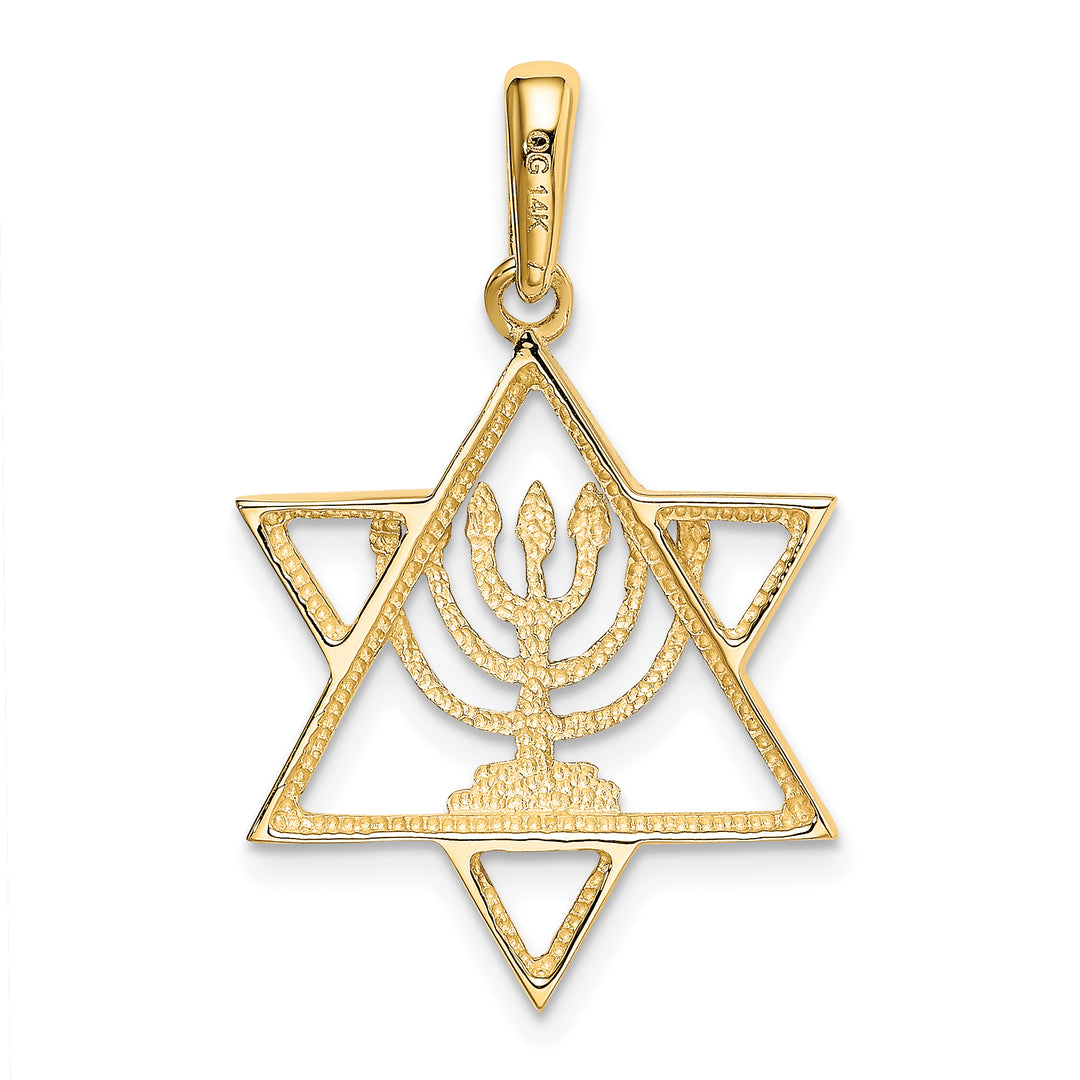 14K w/ White Rhodium Solid Menorah In Star Of David Charm