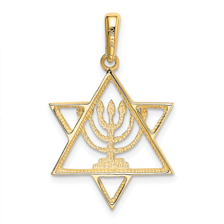 14K w/ White Rhodium Solid Menorah In Star Of David Charm