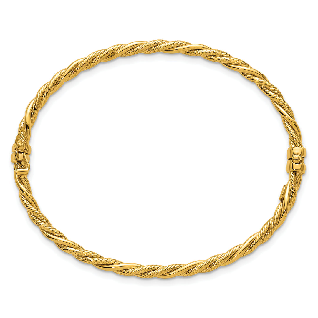 14K Polished and Textured Twisted Hinged Bangle
