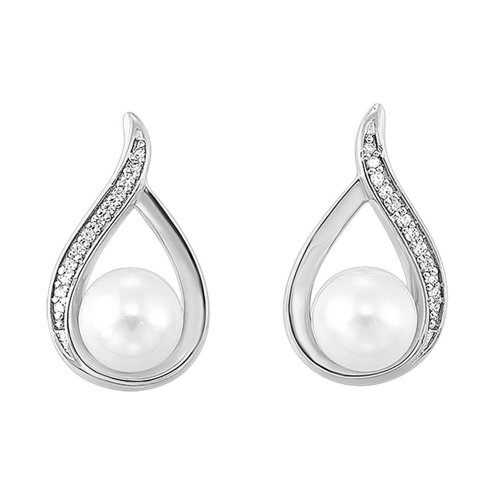 14Kt White Gold Diamond 1/25Ctw & Pearl Earring