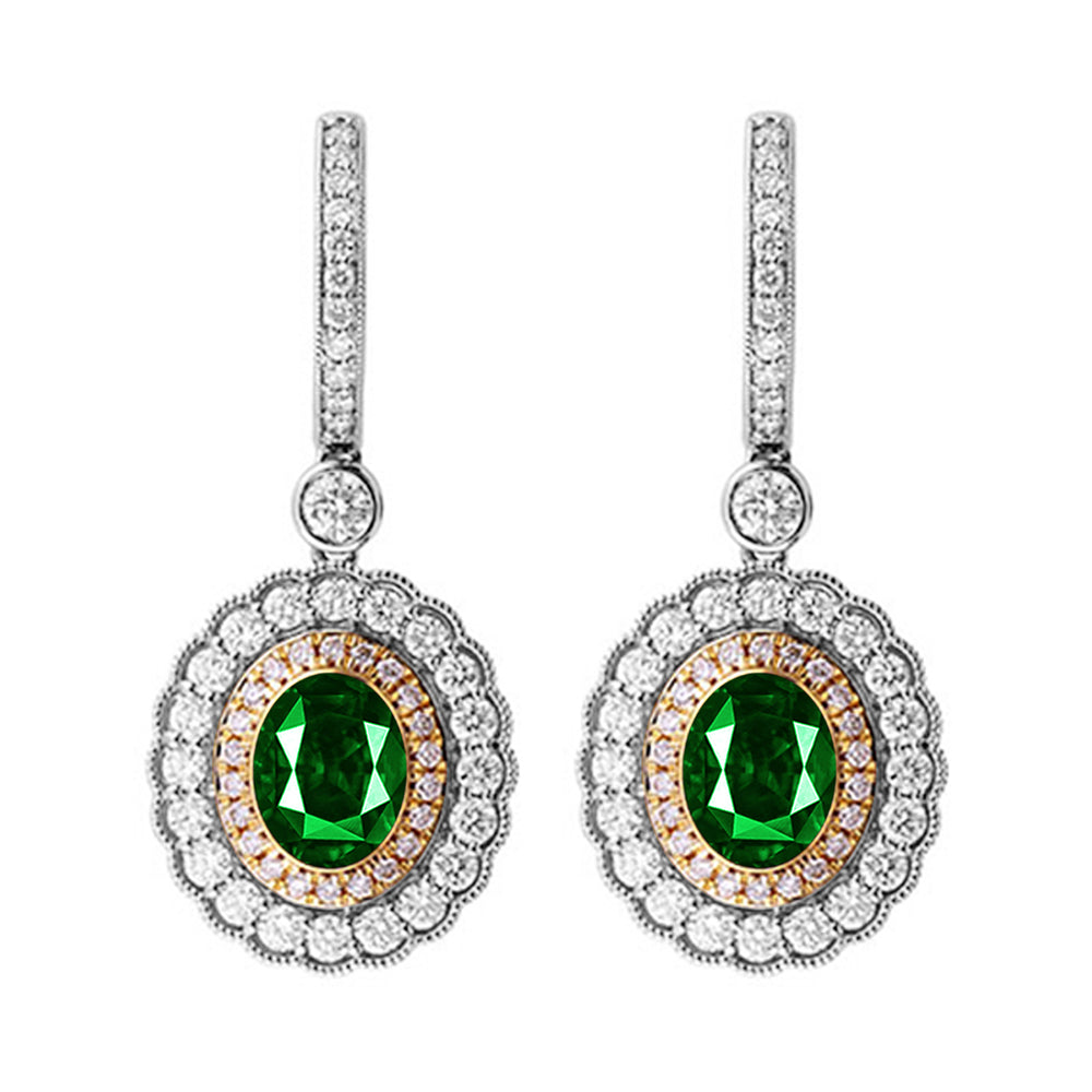 14Kt White Yellow Gold Diamond 2Ctw & Emerald 2 3/8Ctw Earring