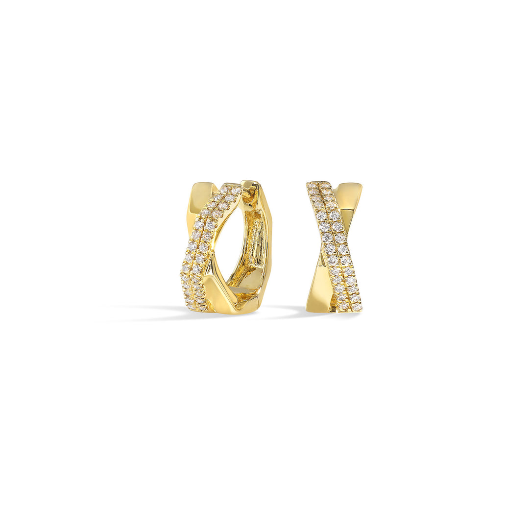 14KY diamond earrings, 1/5CTW-sleek crossover hoops in yellow gold with pavé diamond detailing.