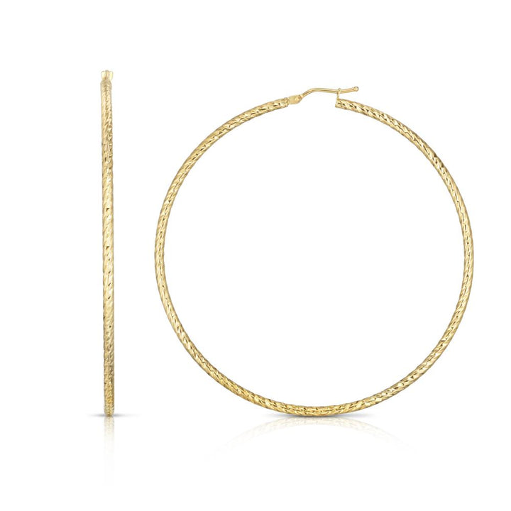 14K Gold Round Diamond Cut Hoop Earring