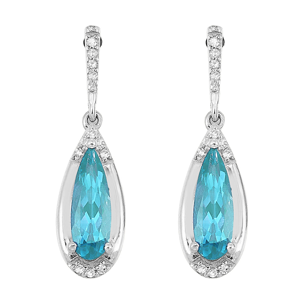 14Kt White Gold Diamond 1/15Ctw & Blue Topaz 1 3/4Ctw Earring