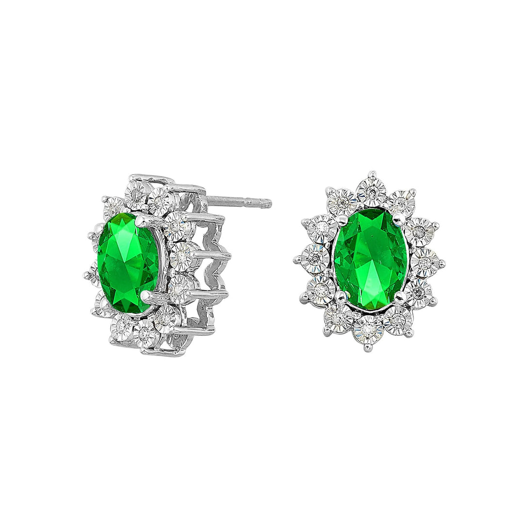 Silver Diamond 1/10Ctw & Created-Emerald 1 3/4Ctw Earring