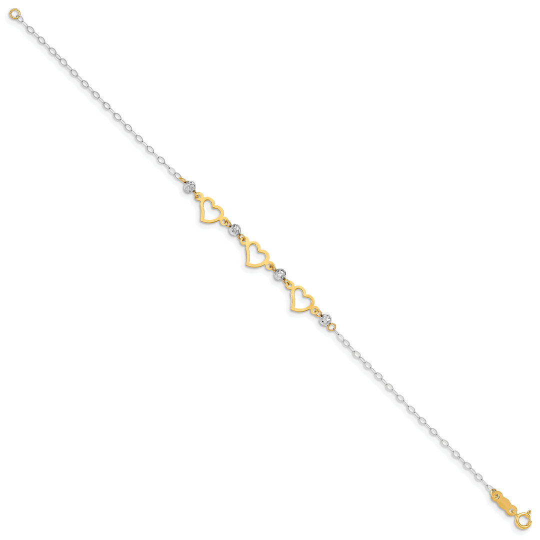 14K Two-tone Oval Link Diamond Cut Beads and Heart Bracelet