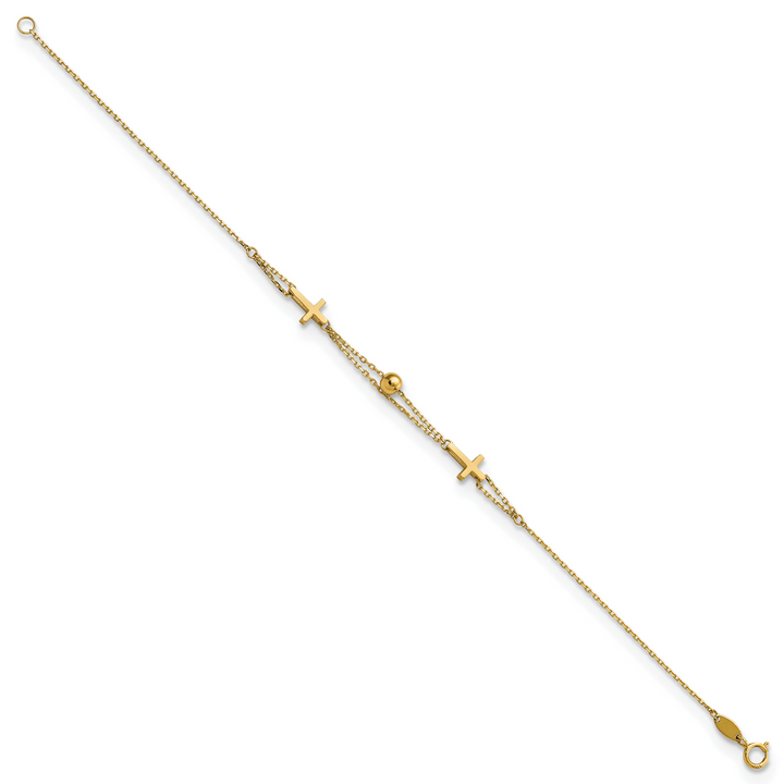 14K Polished Double Strand Cross 7.5in Bracelet