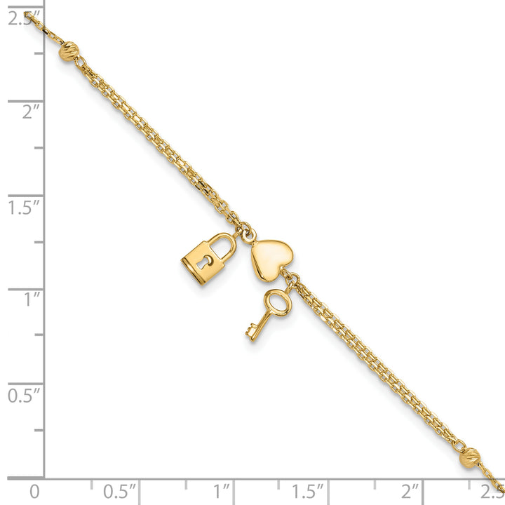 14K Polished and Diamond-cut Heart Lock and Key w/ .5in ext. Bracelet
