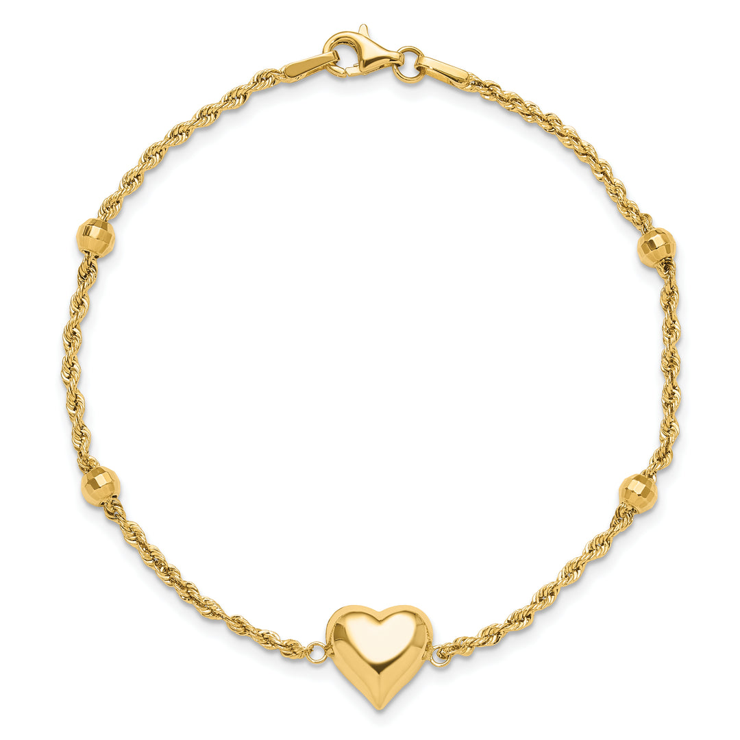 14k Polished and D/C Beaded Puff Heart 7.75in Bracelet