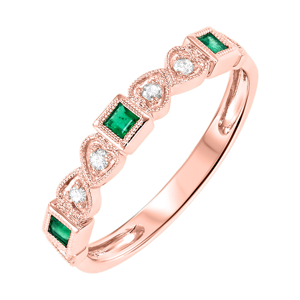 14Kt Rose Gold Diamond 1/10Ctw & Emerald 1/6Ctw Ring