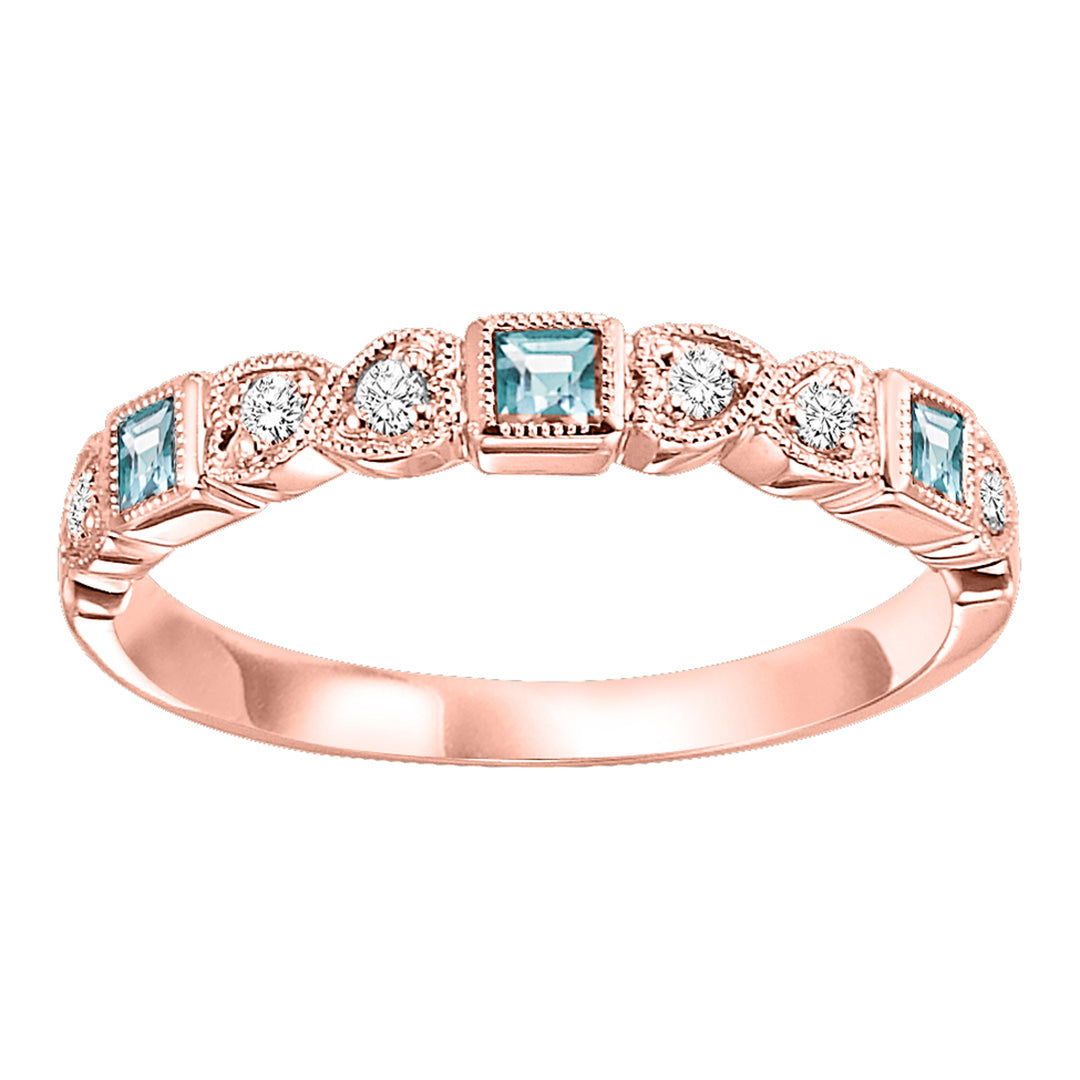 14Kt Rose Gold Diamond 1/12Ctw & Aquamarine 1/7Ctw Ring