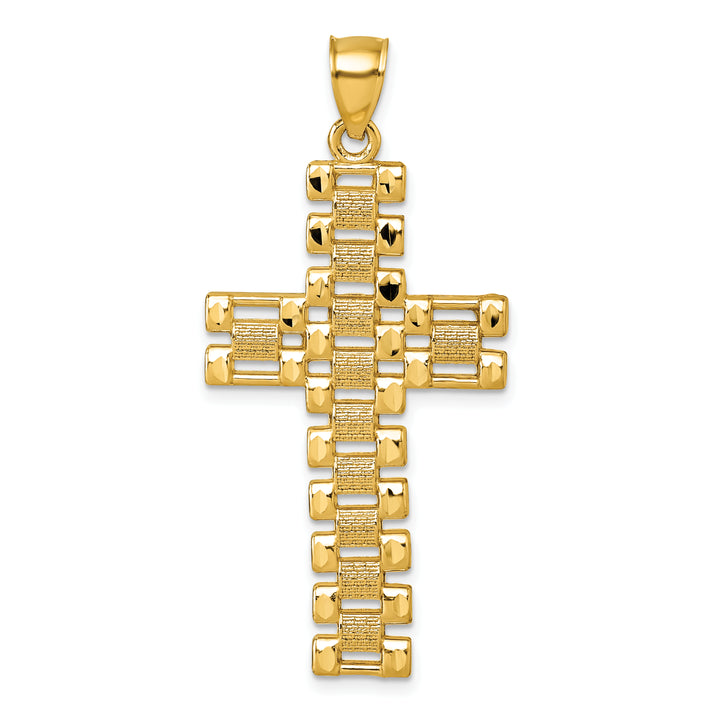 14k Polished Diamond-cut Textured Fancy Link Cross Pendant