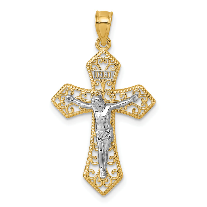 14k Two-tone Polished and Beaded Fancy Crucifix Pendant