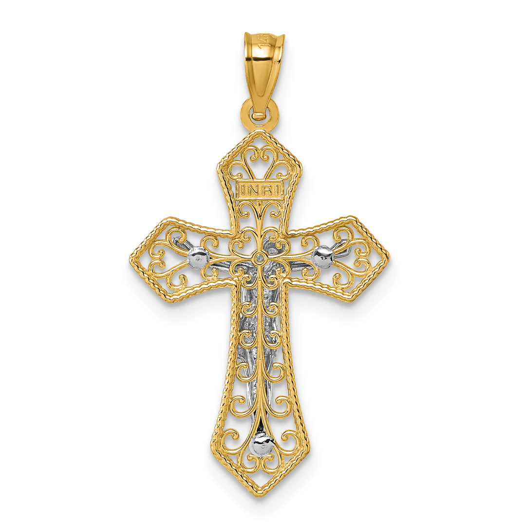 14k Two-tone Polished and Beaded Fancy Crucifix Pendant