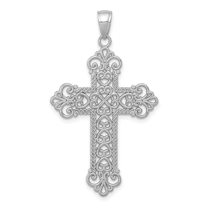 14K White Gold Polished Large Rope Frame Filigree Cross Pendant