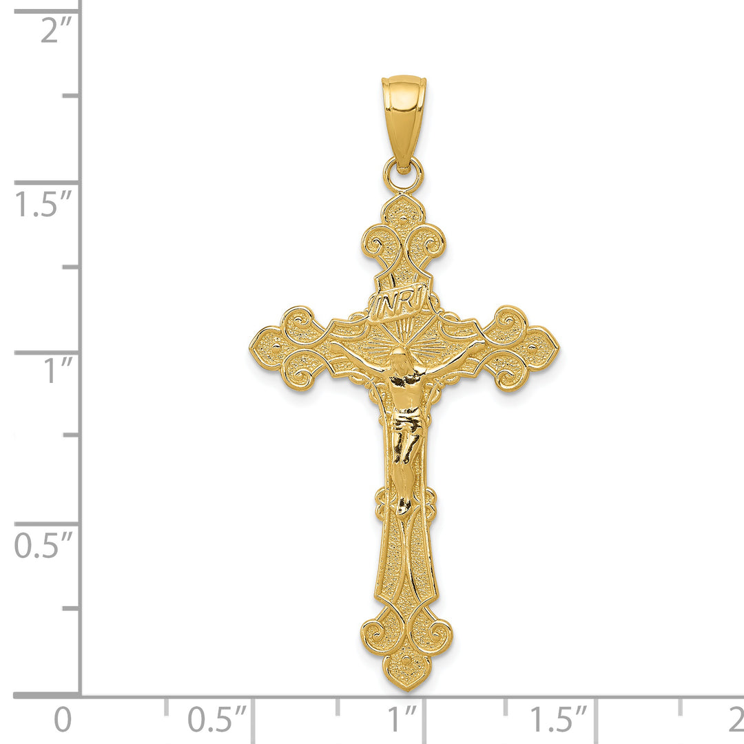 14K Polished Textured INRI Crucifix Fleur de Lis Pendant