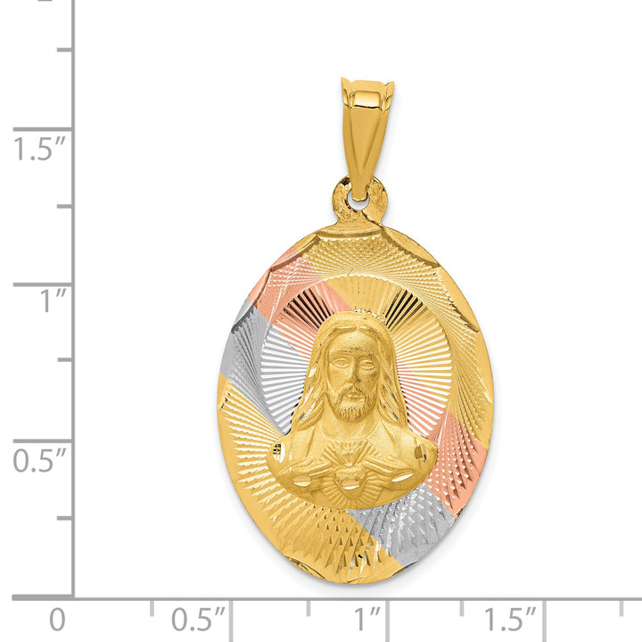 14K w/Rose and White Rhodium D/C Sagrado Corazon Oval Pendant