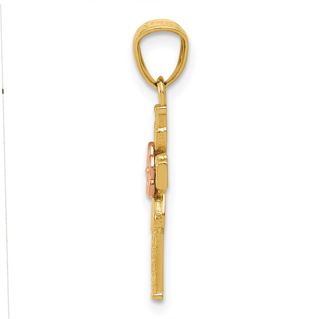 14K Two-tone Polished D/C Cross w/Flower Pendant