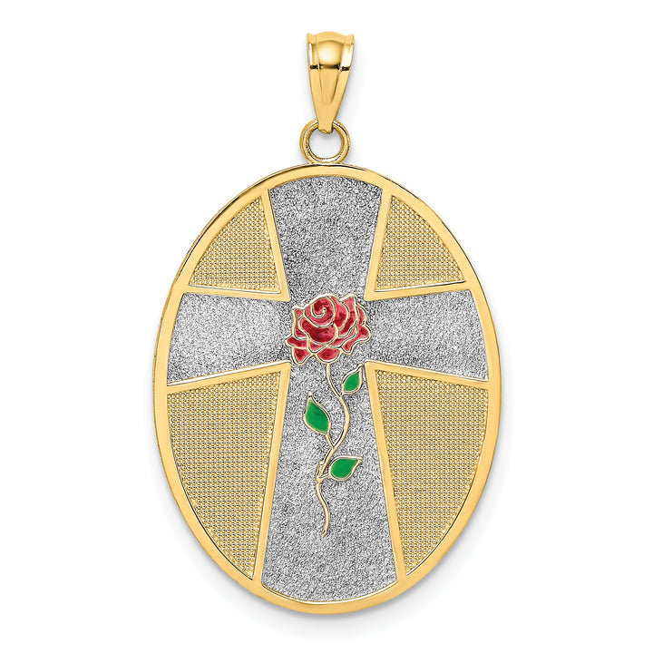 14K w/ Rhodium Enamel Rose Serenity Prayer Oval Disc Charm