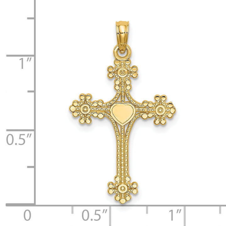 14K Beaded Tip Cross w/ Heart Center Charm