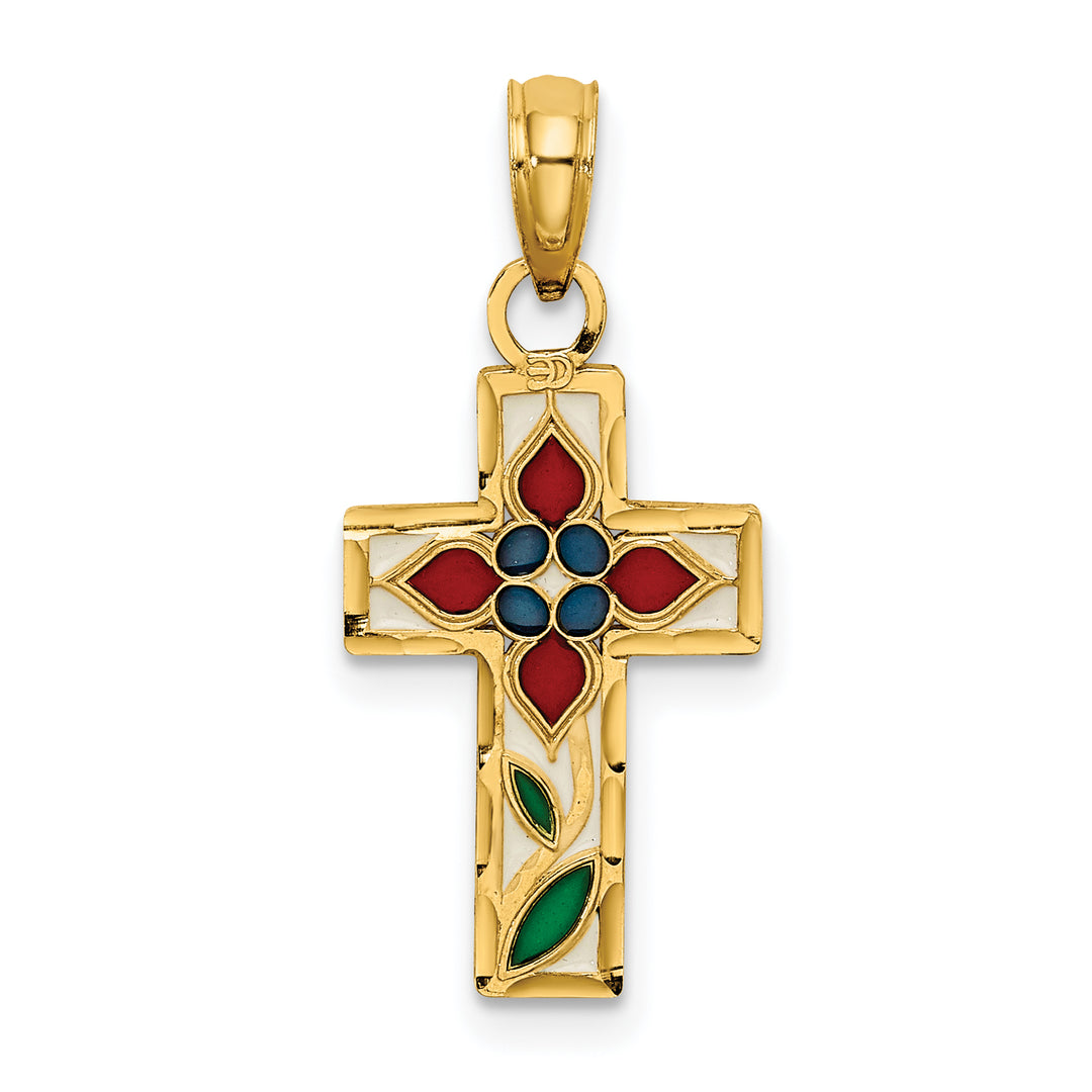 14K Enameled W/ Flower Cross Charm