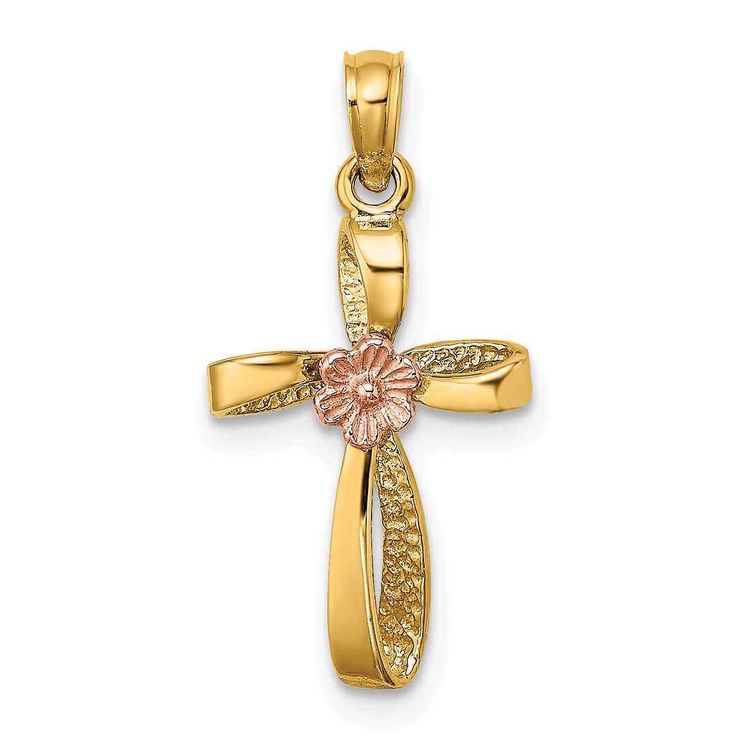 14k Two-Tone Twisted Cross w/ Flower Charm