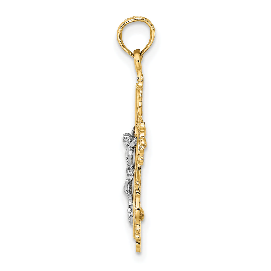 14K W/ Rhodium Textured Lace Trim Crucifix Charm
