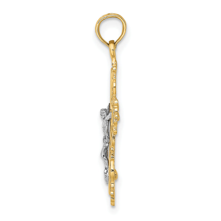14K W/ Rhodium Textured Lace Trim Crucifix Charm