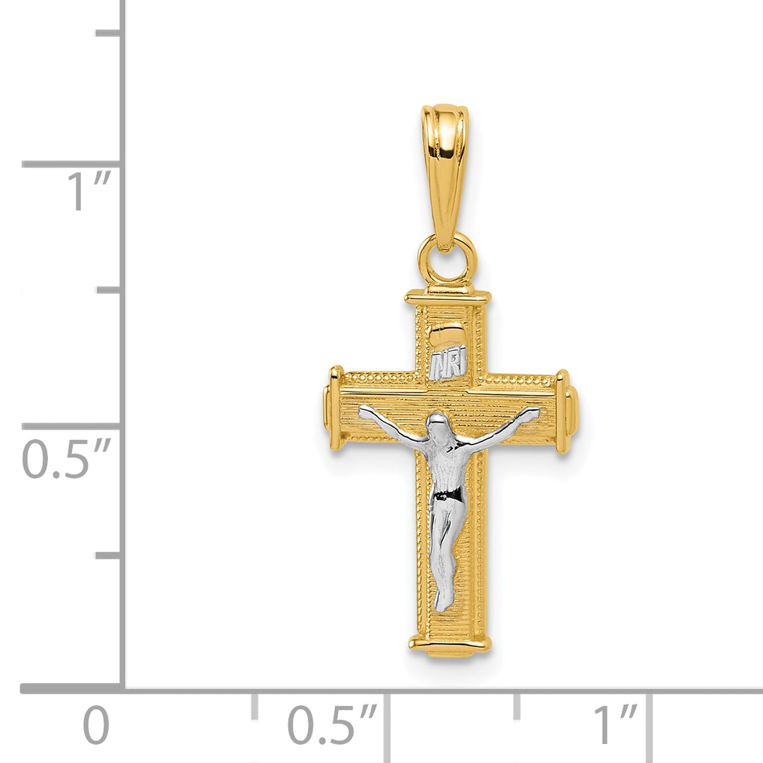 14K W/ Rhodium Polished Block INRI Crucifix Charm