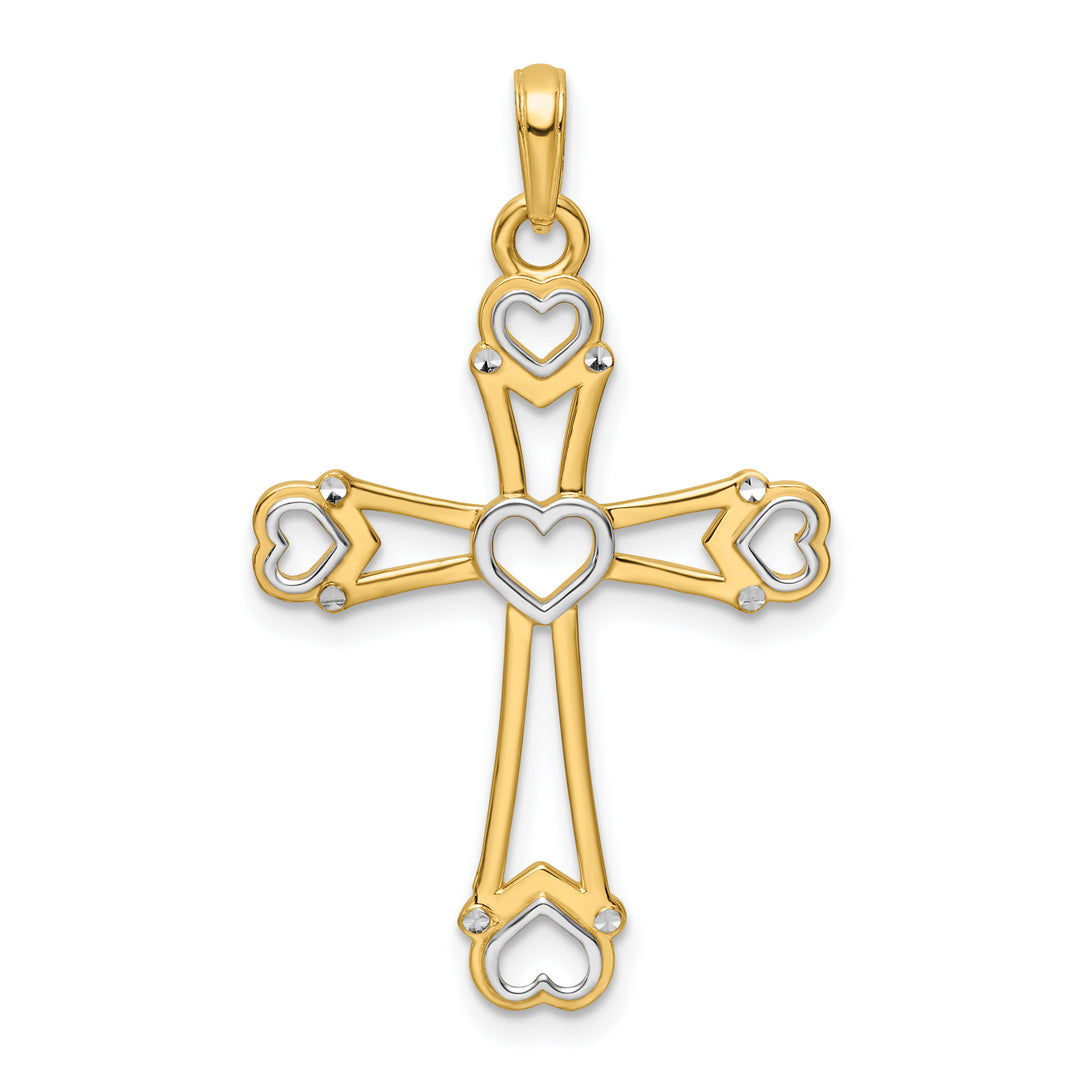 14K w/Rhodium D/C Cross w/Hearts Pendant