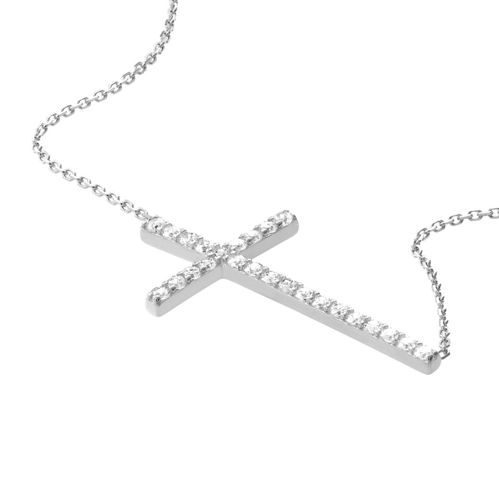 Plated Sterling Silver Long CZ Cross Necklace