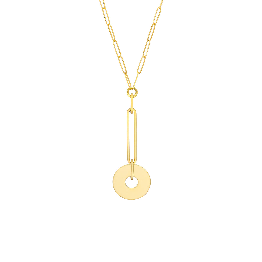 Paper Clip Chain Y-Necklace with Disc Drop